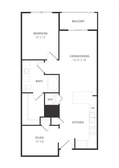 Floor plan for 1 bed, 1 bath, 806 sqft